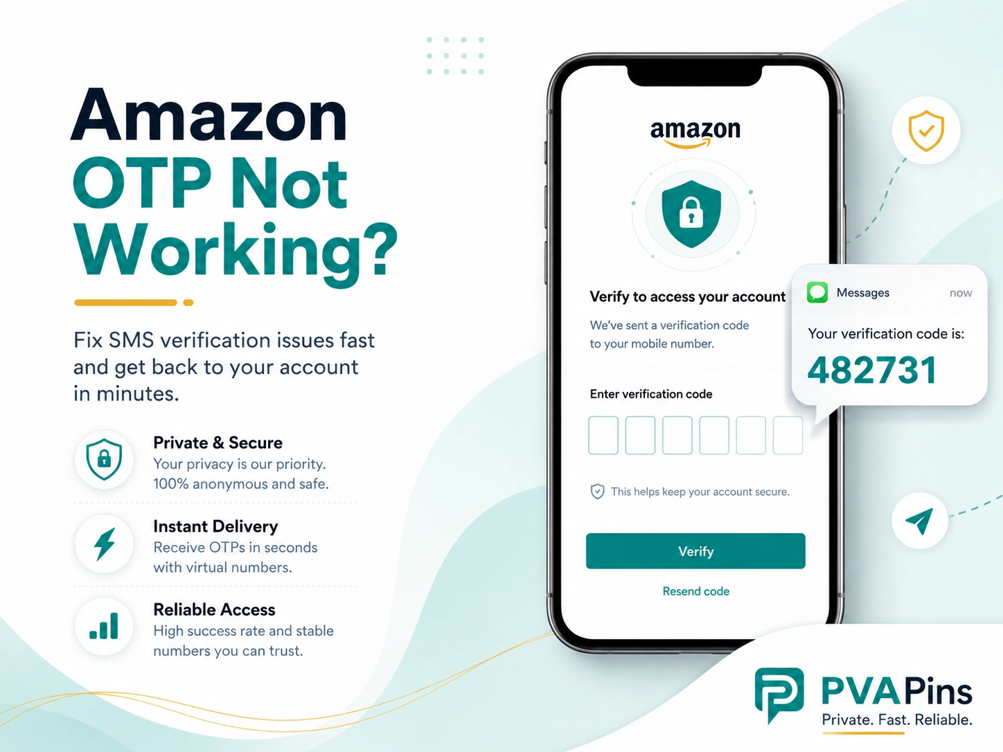 Amazon OTP not working banner with smartphone verification screen, incoming SMS code bubble, and PVAPins branding in a clean teal-and-white design.