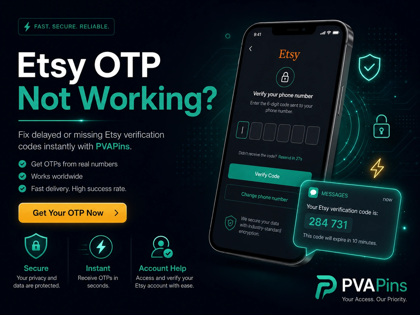 Etsy OTP not working banner with smartphone verification screen, highlighted SMS code bubble, and PVAPins branding in a clean tech design.
