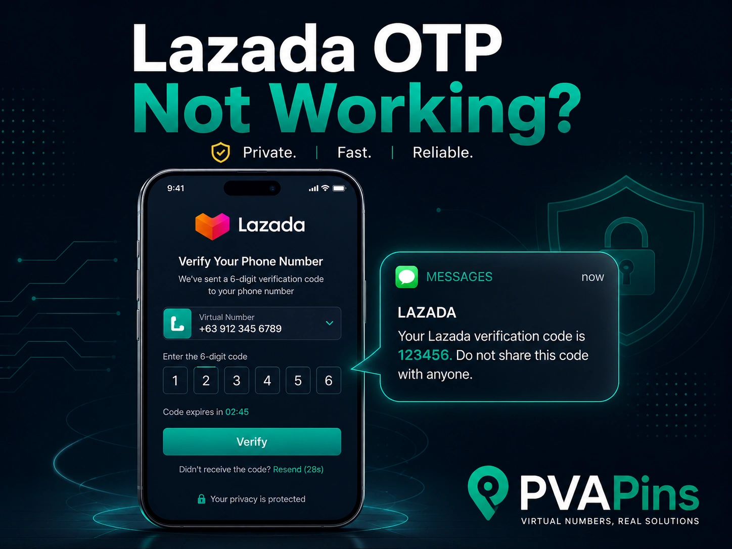 Lazada verification code problem concept with phone screen, SMS OTP bubble, and quick fix checklist.