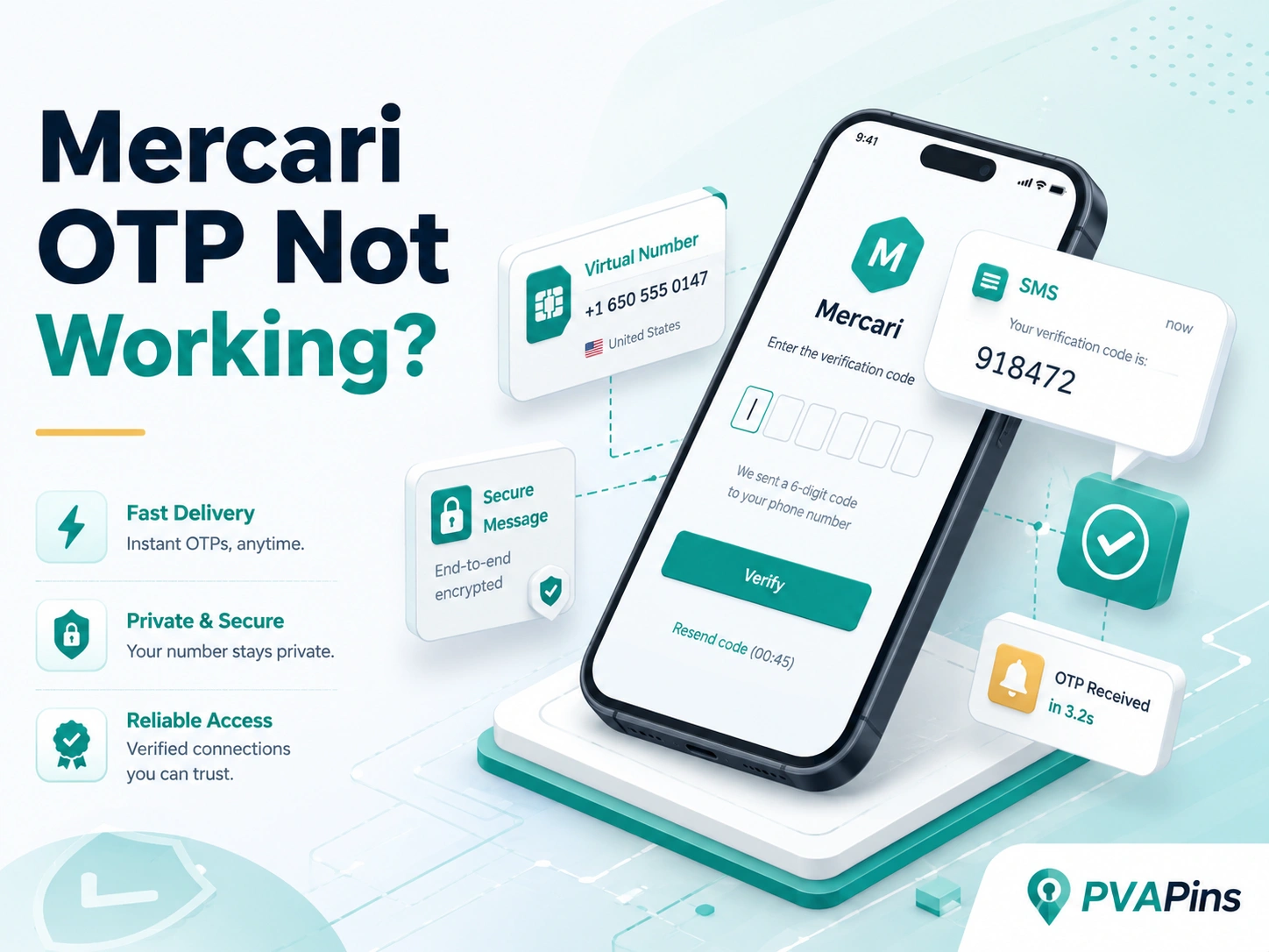 Mercari OTP not working blog banner with virtual number verification UI, secure SMS code notification, and teal-gold tech design.