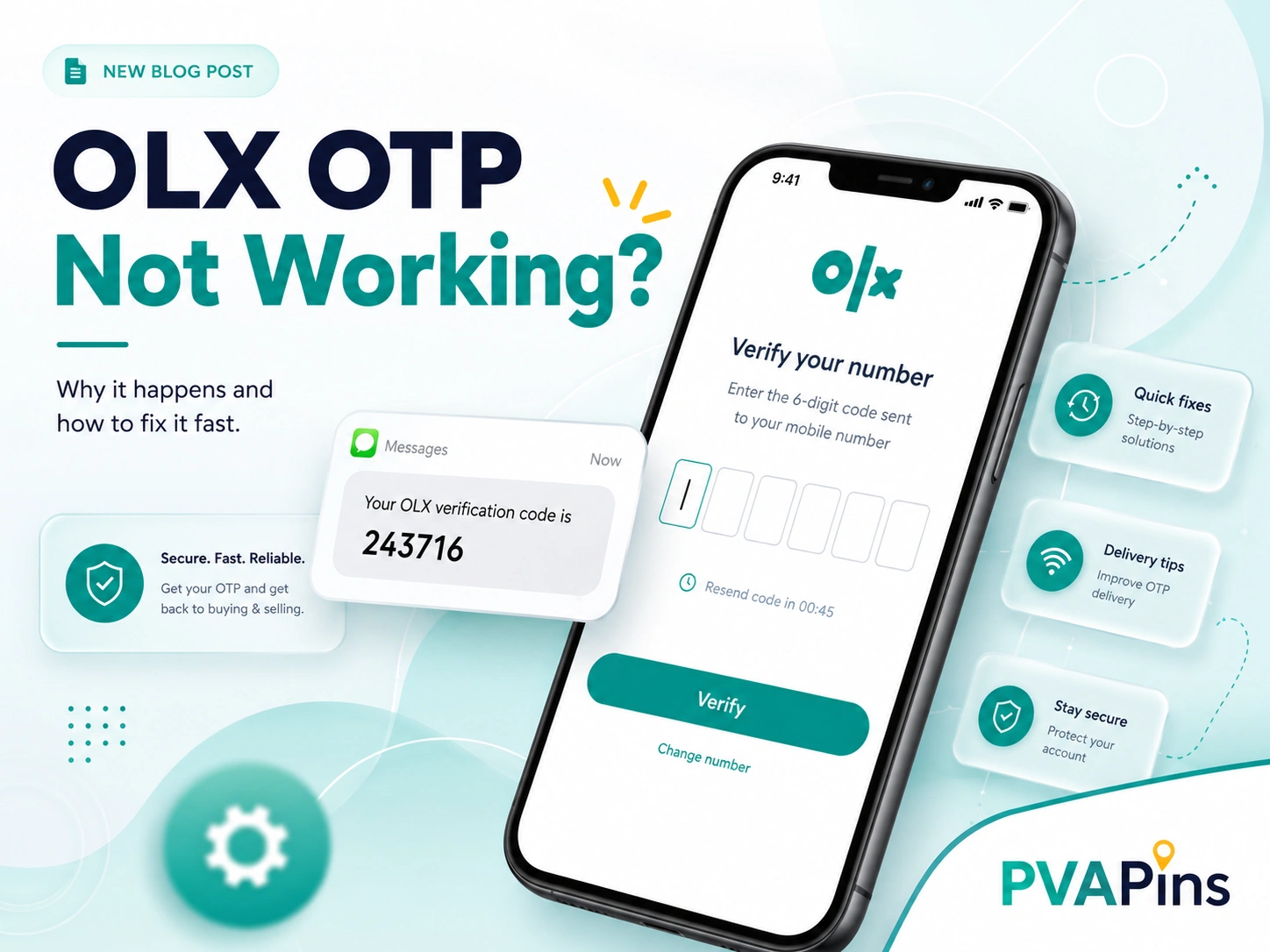 Minimal banner illustration of OLX OTP not working issue with phone login screen, SMS code alert, and soft teal-orange accents.