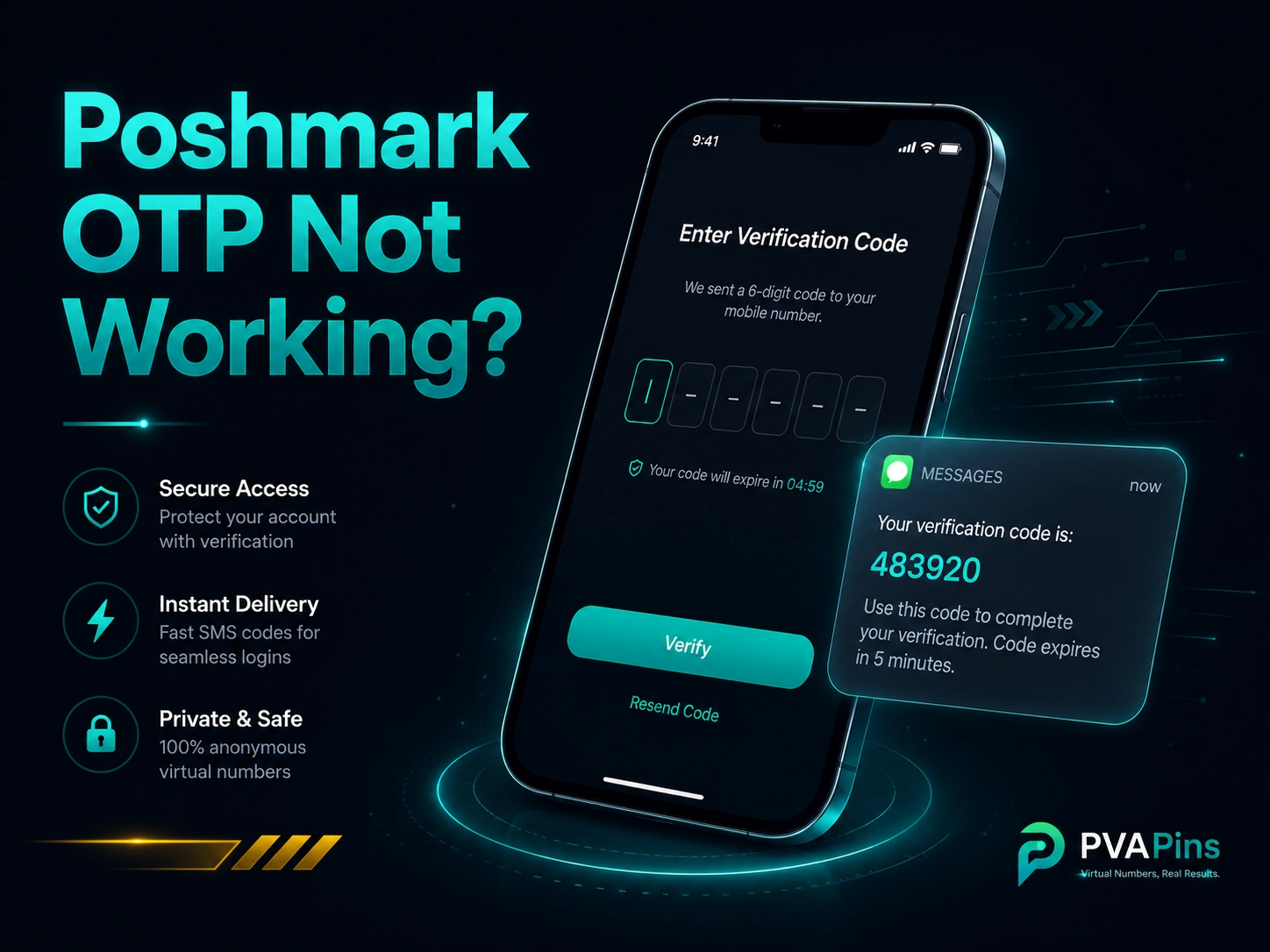Minimal banner illustration of Poshmark OTP not working, featuring a phone login screen and SMS code notification.