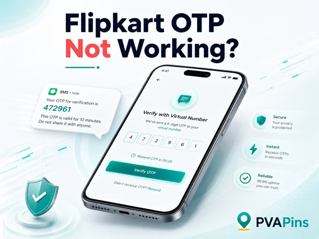 Minimal tech banner featuring Flipkart OTP not working text, phone verification screen, and generic SMS code bubble.