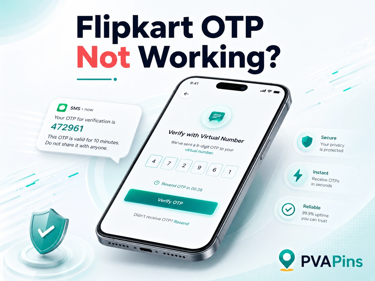 Minimal tech banner featuring Flipkart OTP not working text, phone verification screen, and generic SMS code bubble.