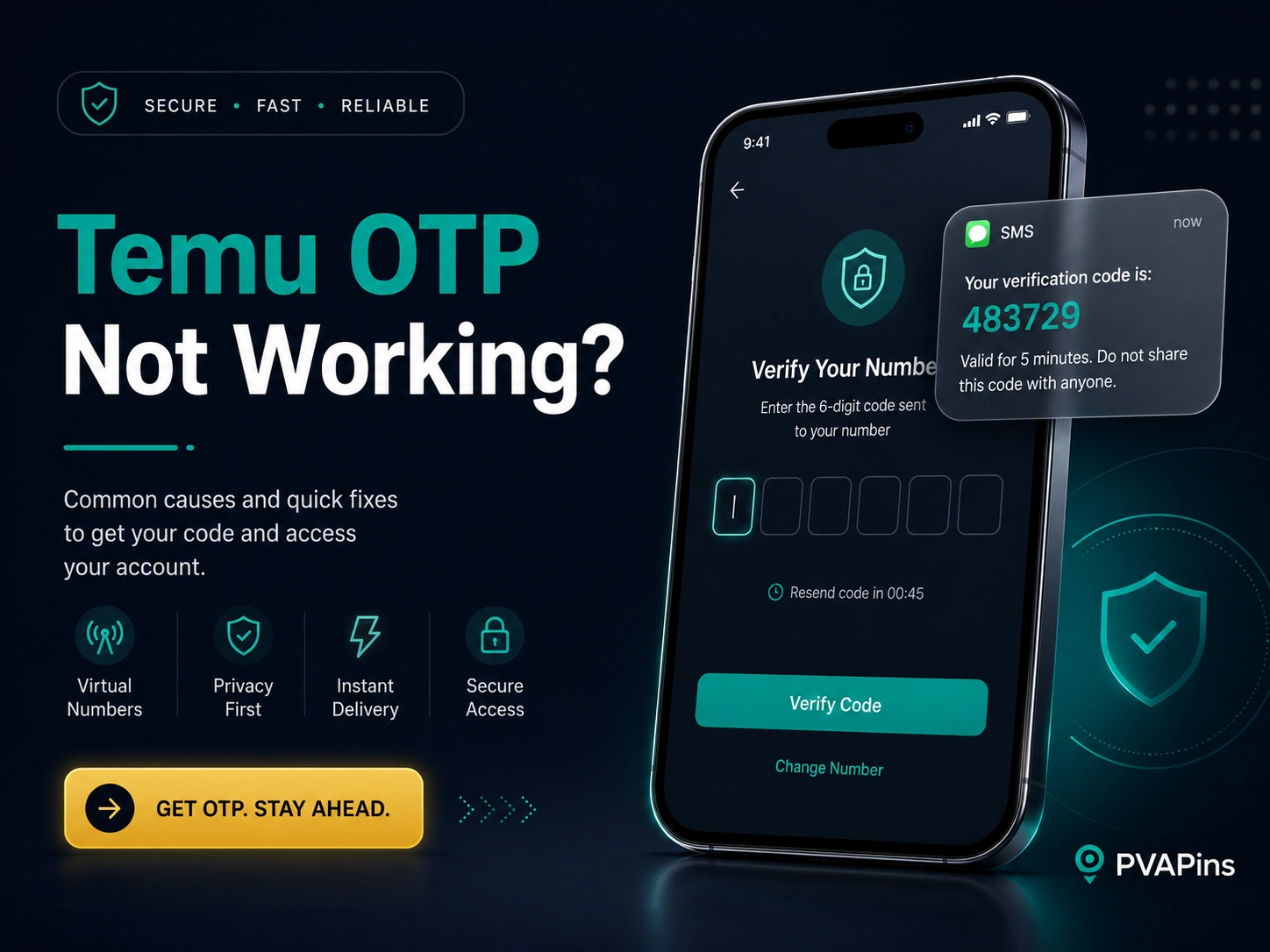 Minimal tech banner showing a phone receiving a Temu verification code with clean teal and orange accents