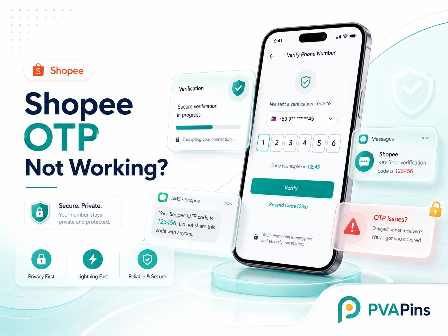 Modern Shopee OTP not working banner with smartphone verification screen, SMS code notification, and PVAPins branding.