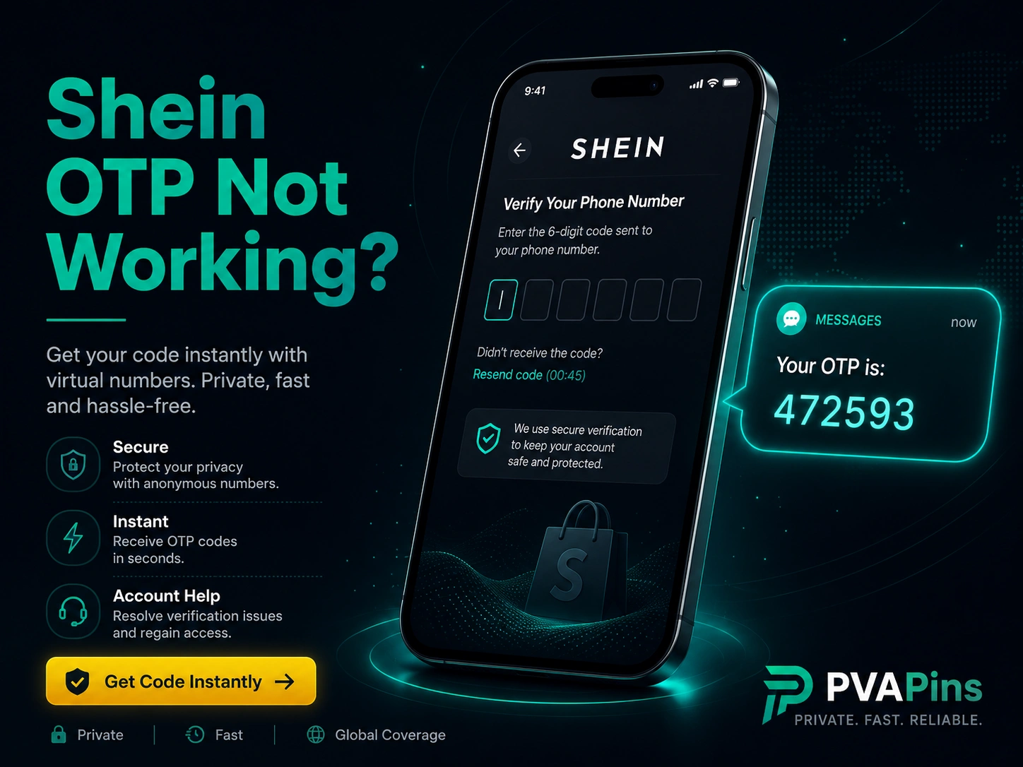 Modern blog banner for Shein verification code issues featuring a phone OTP login page, highlighted SMS notification, and secure teal design.
