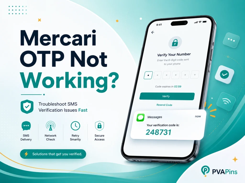 Modern tech banner showing a smartphone with Mercari OTP verification screen, highlighted SMS code bubble, and PVAPins branding.