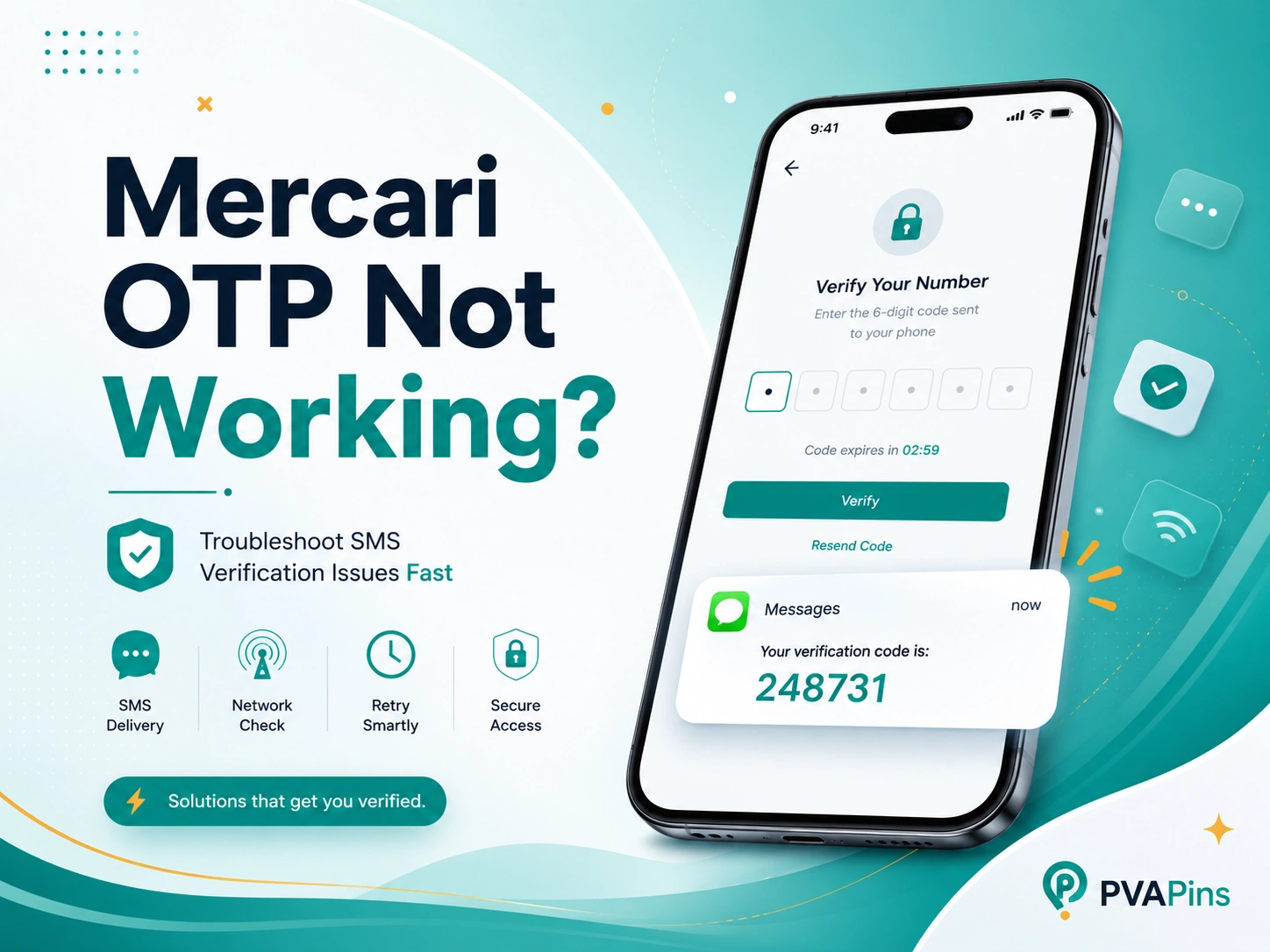 Modern tech banner showing a smartphone with Mercari OTP verification screen, highlighted SMS code bubble, and PVAPins branding.