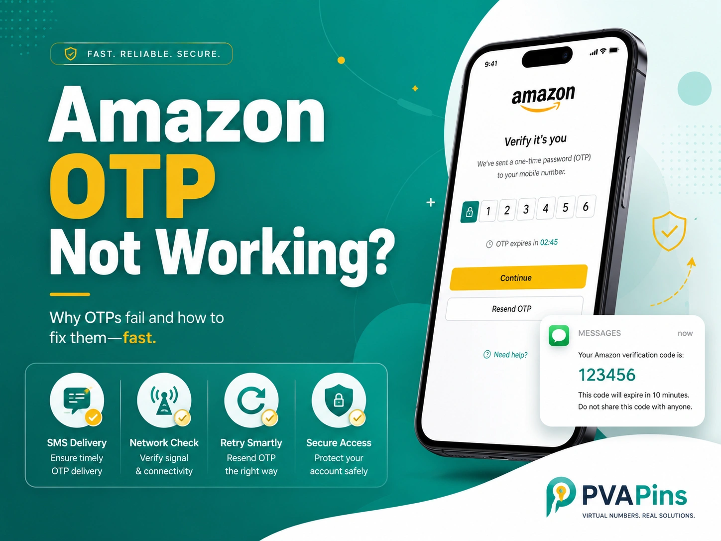 Modern tech-style blog banner showing Amazon OTP verification issues, a phone with code entry screen, and a highlighted SMS notification message.