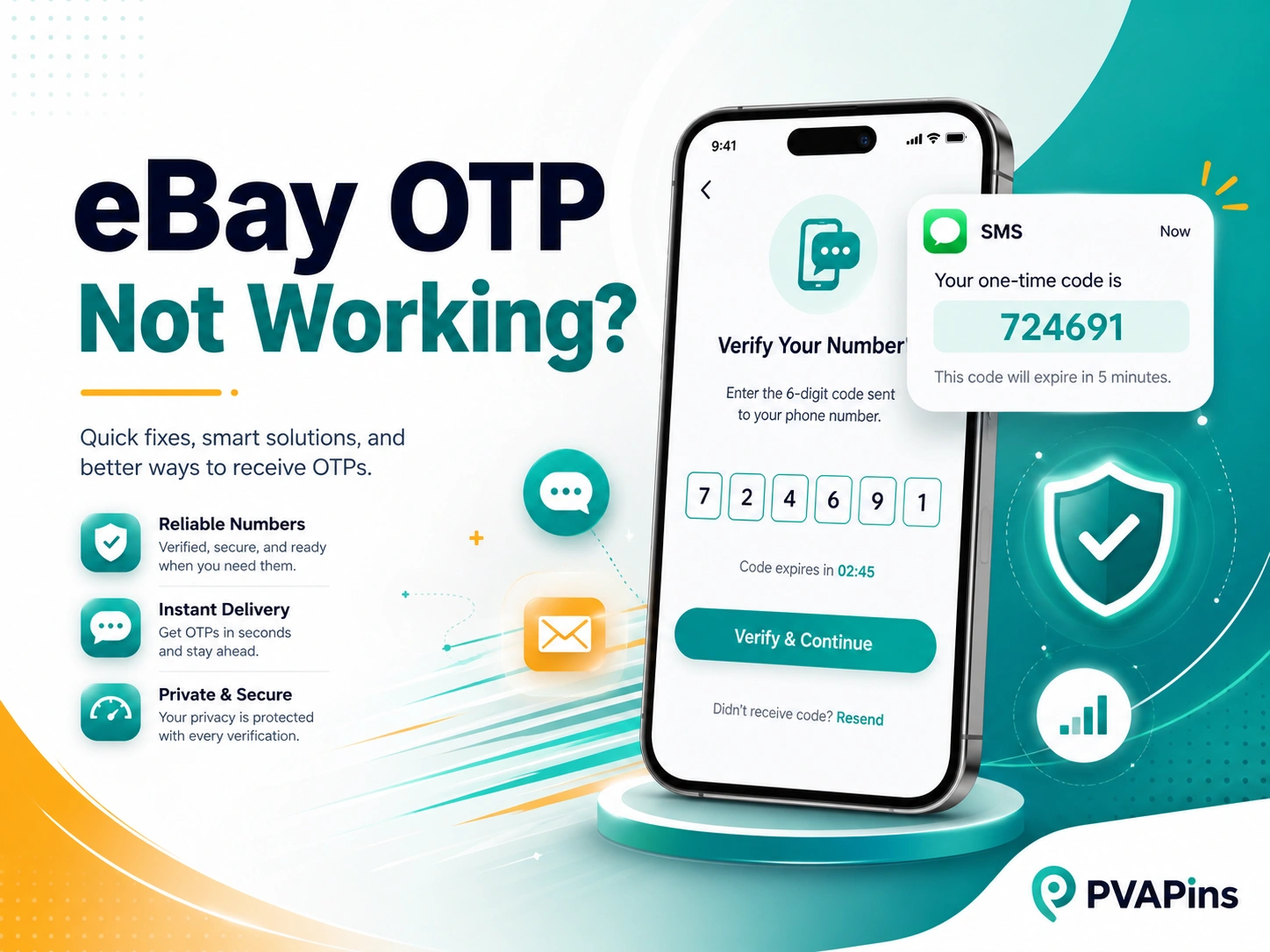 Modern tech-style image for eBay OTP issues with phone login verification, highlighted incoming code message, and privacy-focused design.