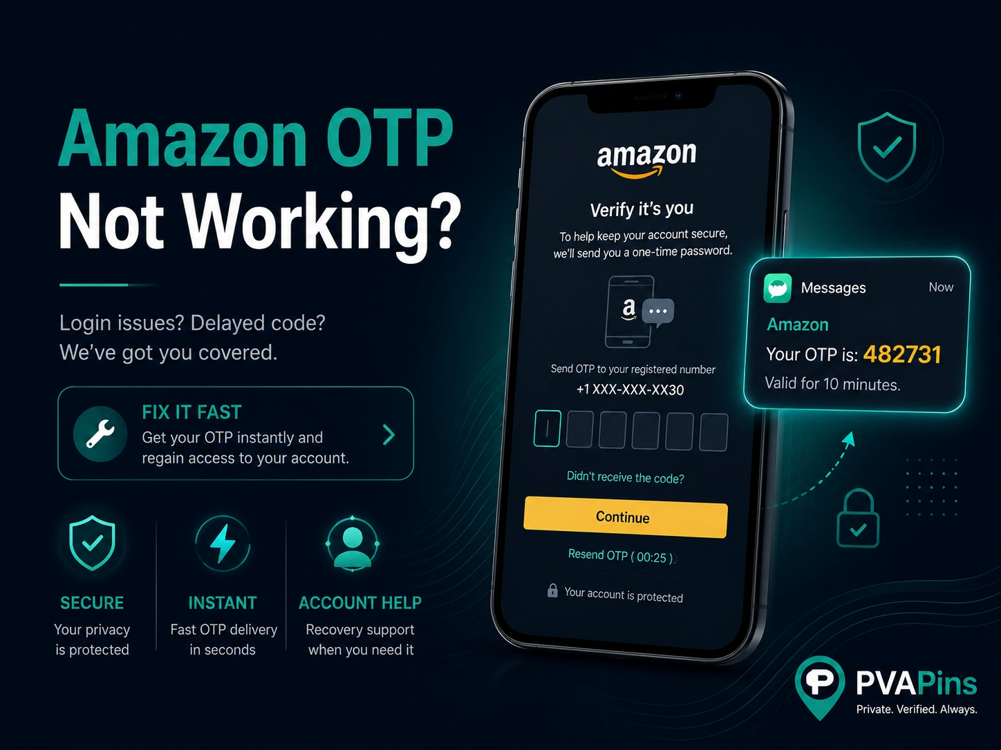 Professional PVAPins banner for Amazon OTP troubleshooting featuring a mobile verification page, secure code alert, and fast, privacy-focused visual elements.
