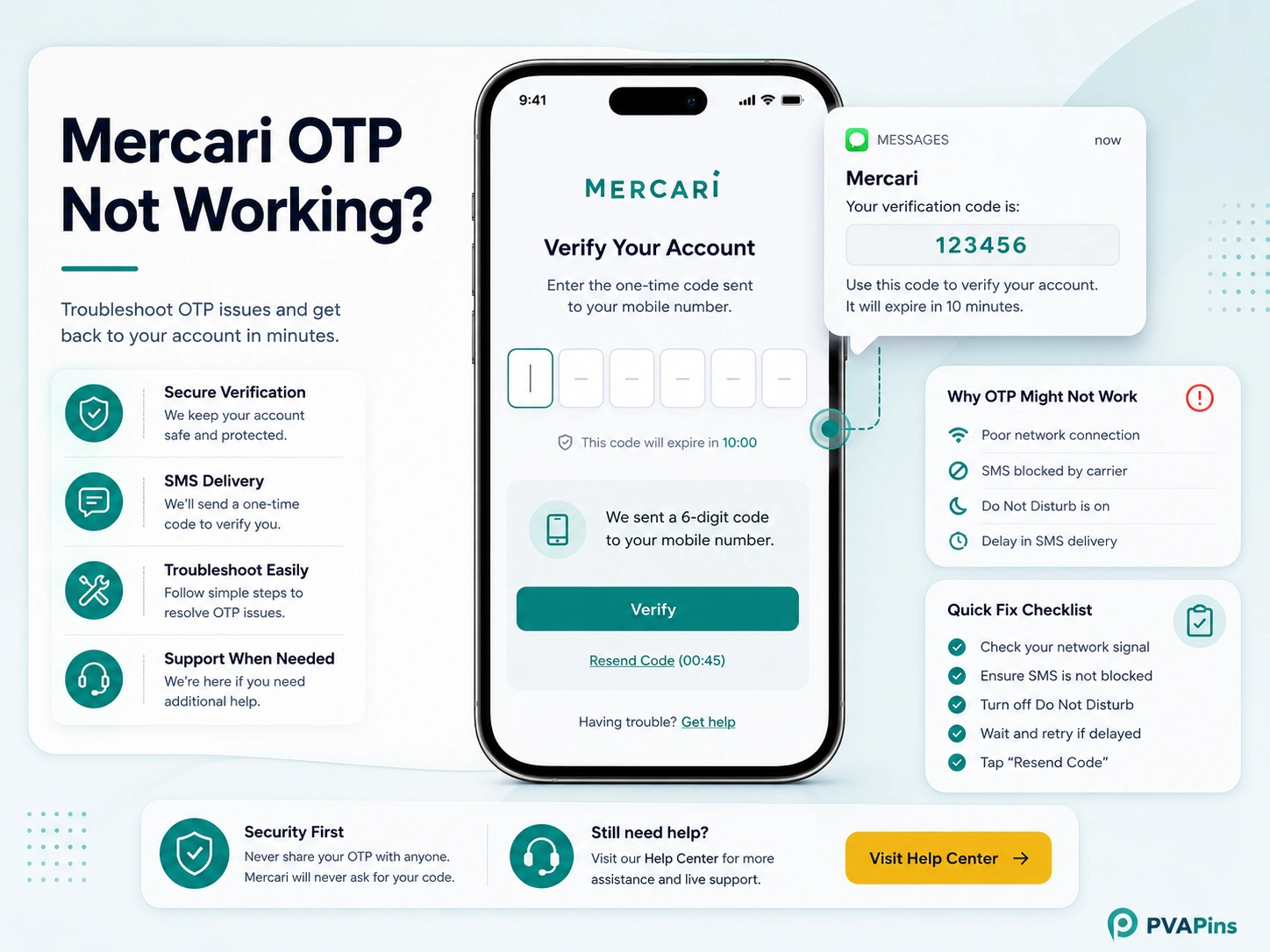 Professional PVAPins banner for Mercari OTP issues featuring phone verification screen, incoming OTP message, and privacy-focused visuals.