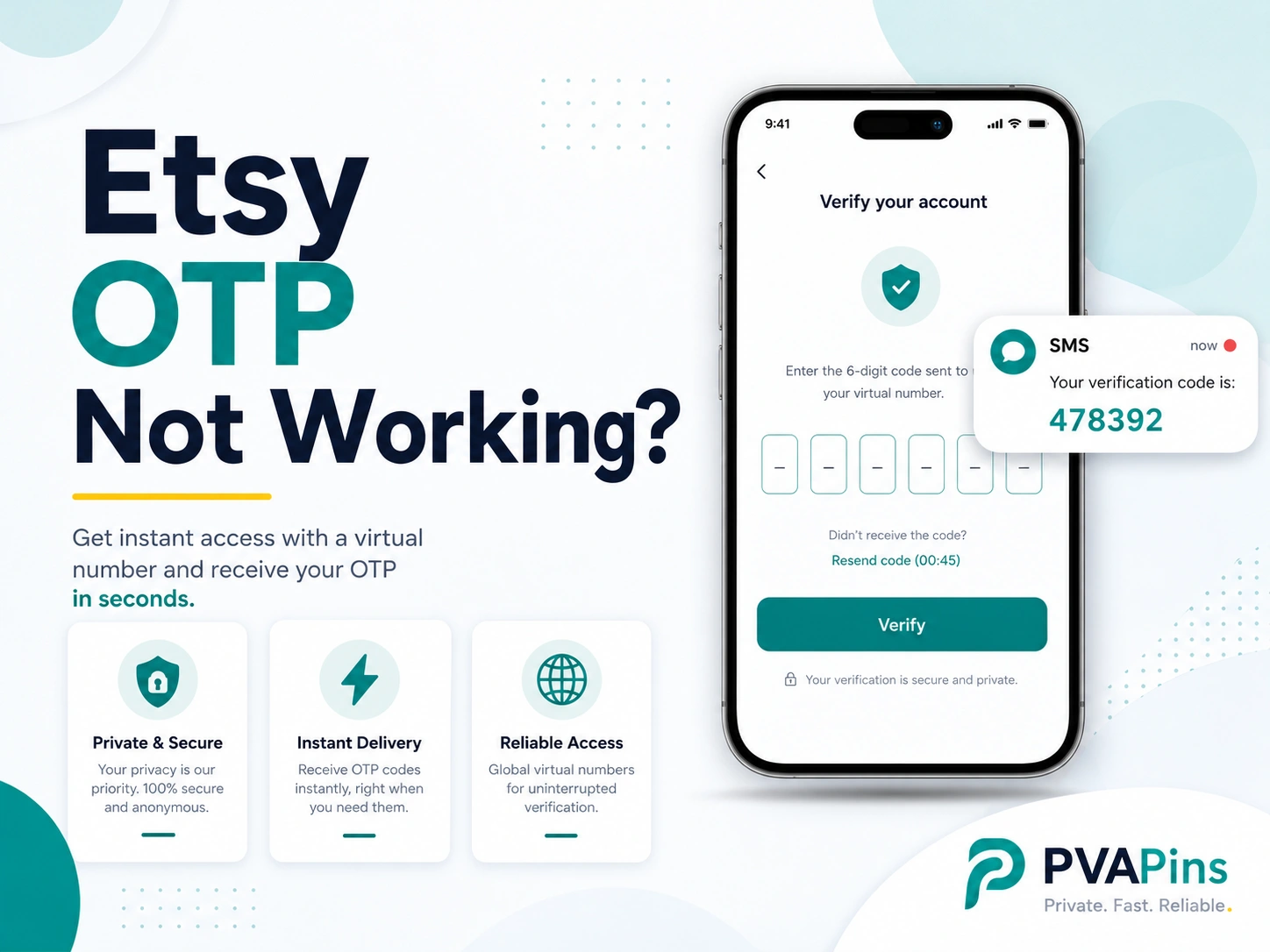 Professional PVAPins blog banner for Etsy OTP troubleshooting featuring phone verification UI, generic code alert, and privacy-focused design.