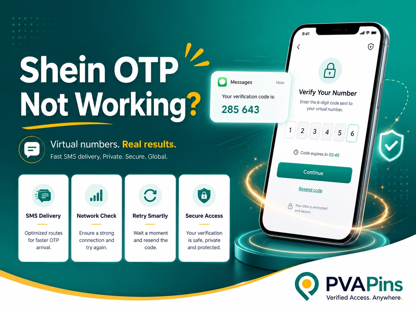 Shein OTP not working banner showing a smartphone verification screen, incoming SMS code bubble, and PVAPins branding in a clean tech style.