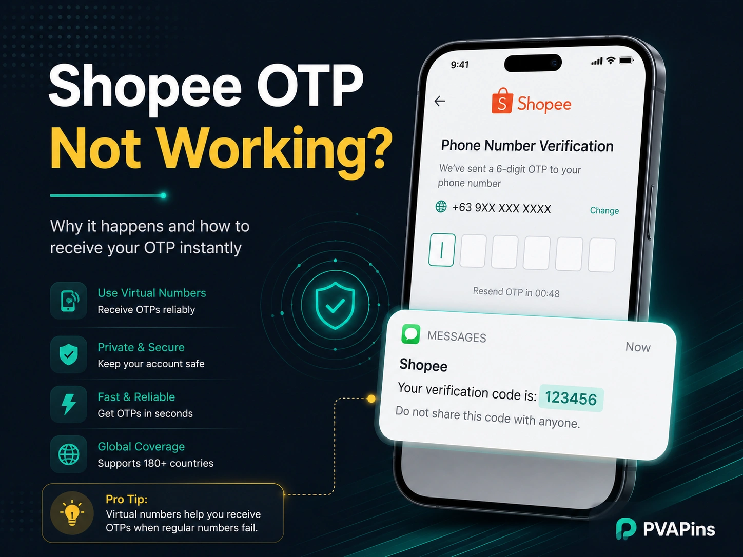 Shopee OTP verification issue illustration showing a phone login screen, virtual number SMS code, and secure fast delivery icons.