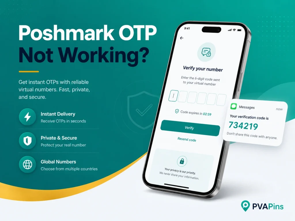 Smartphone screen showing a generic Poshmark OTP verification code message with a clean tech-style background.