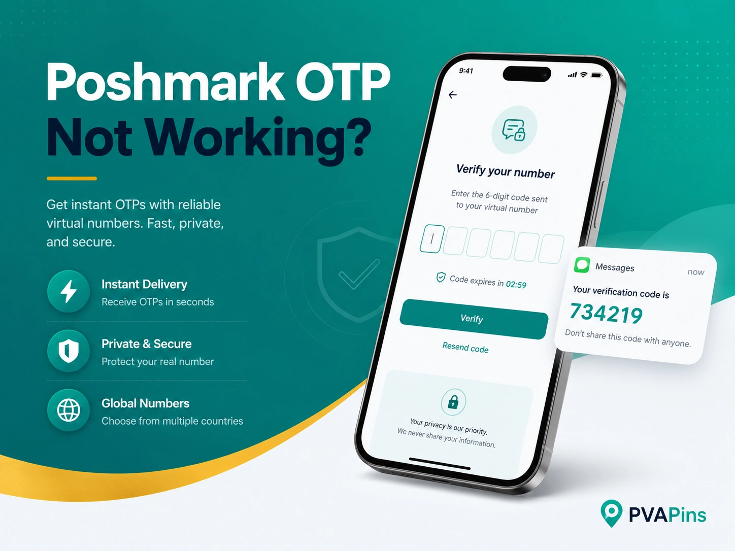 Smartphone screen showing a generic Poshmark OTP verification code message with a clean tech-style background.