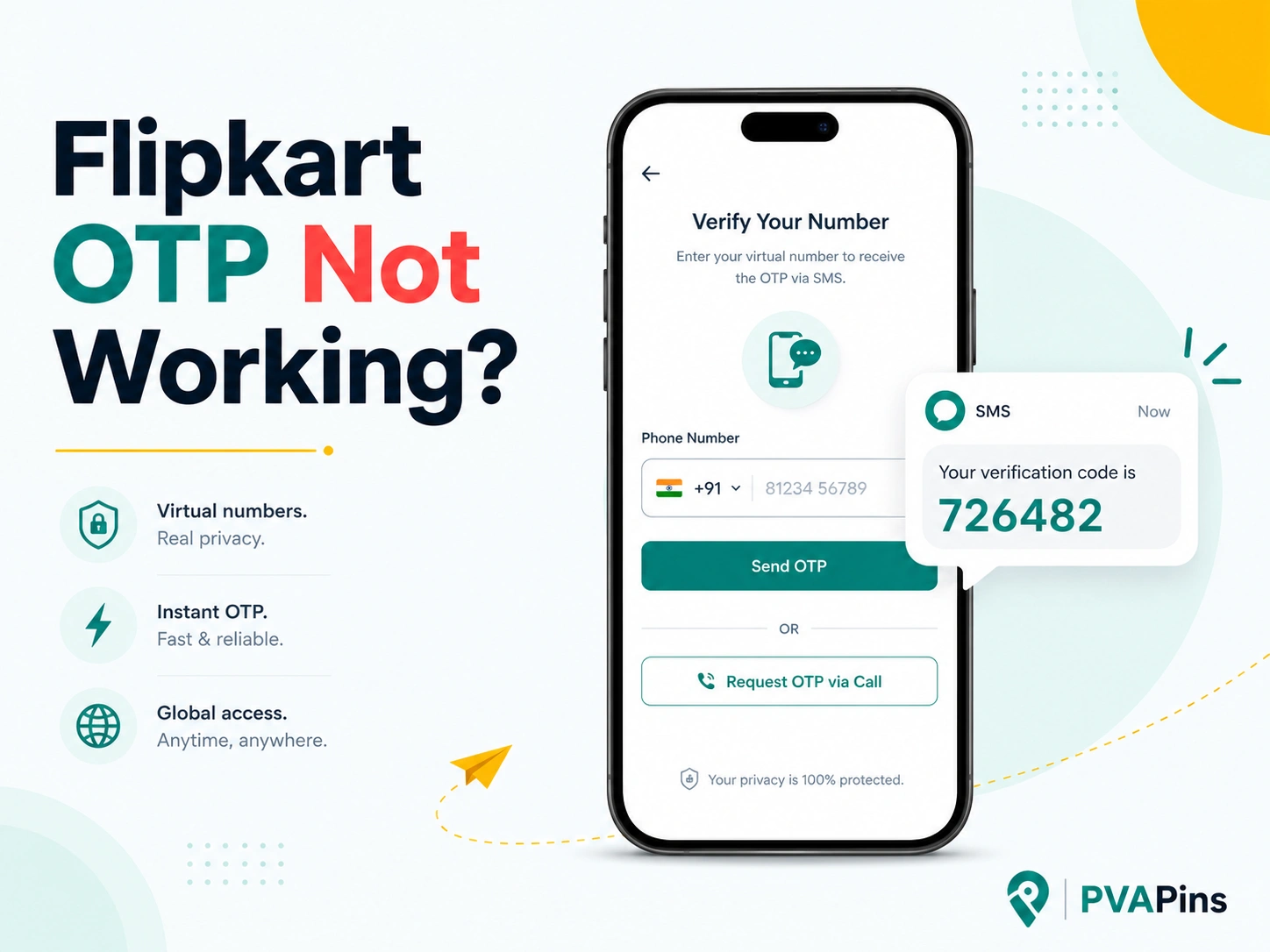Smartphone showing a Flipkart OTP verification screen with a delayed SMS code alert and troubleshooting theme.
