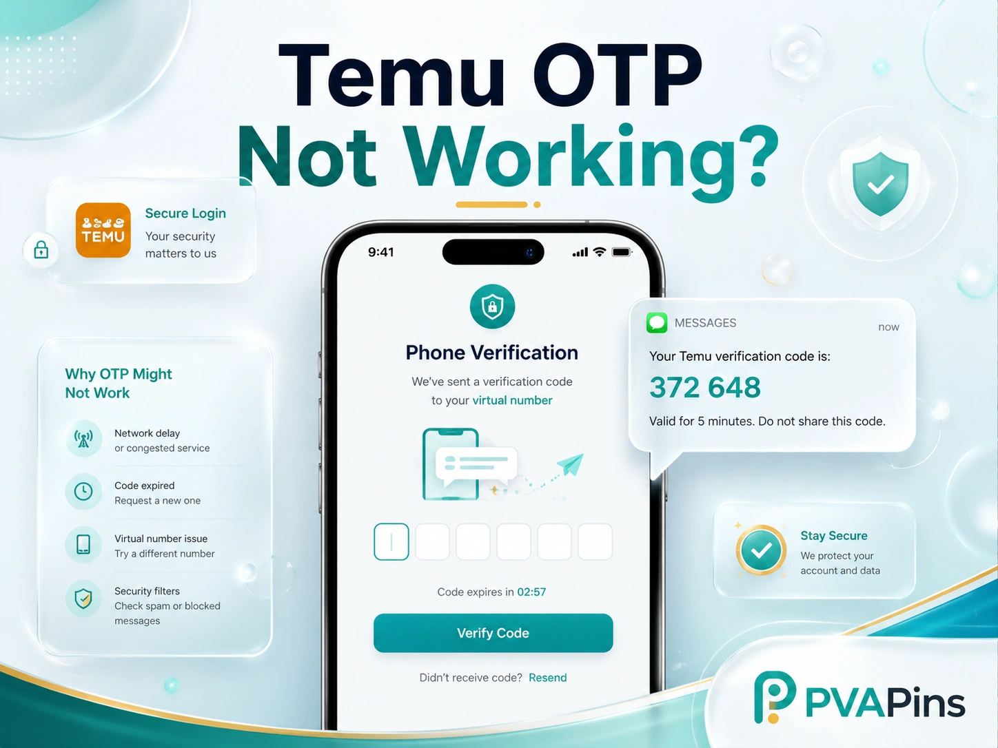 Smartphone showing a Temu OTP verification screen with a generic SMS code bubble for login troubleshooting