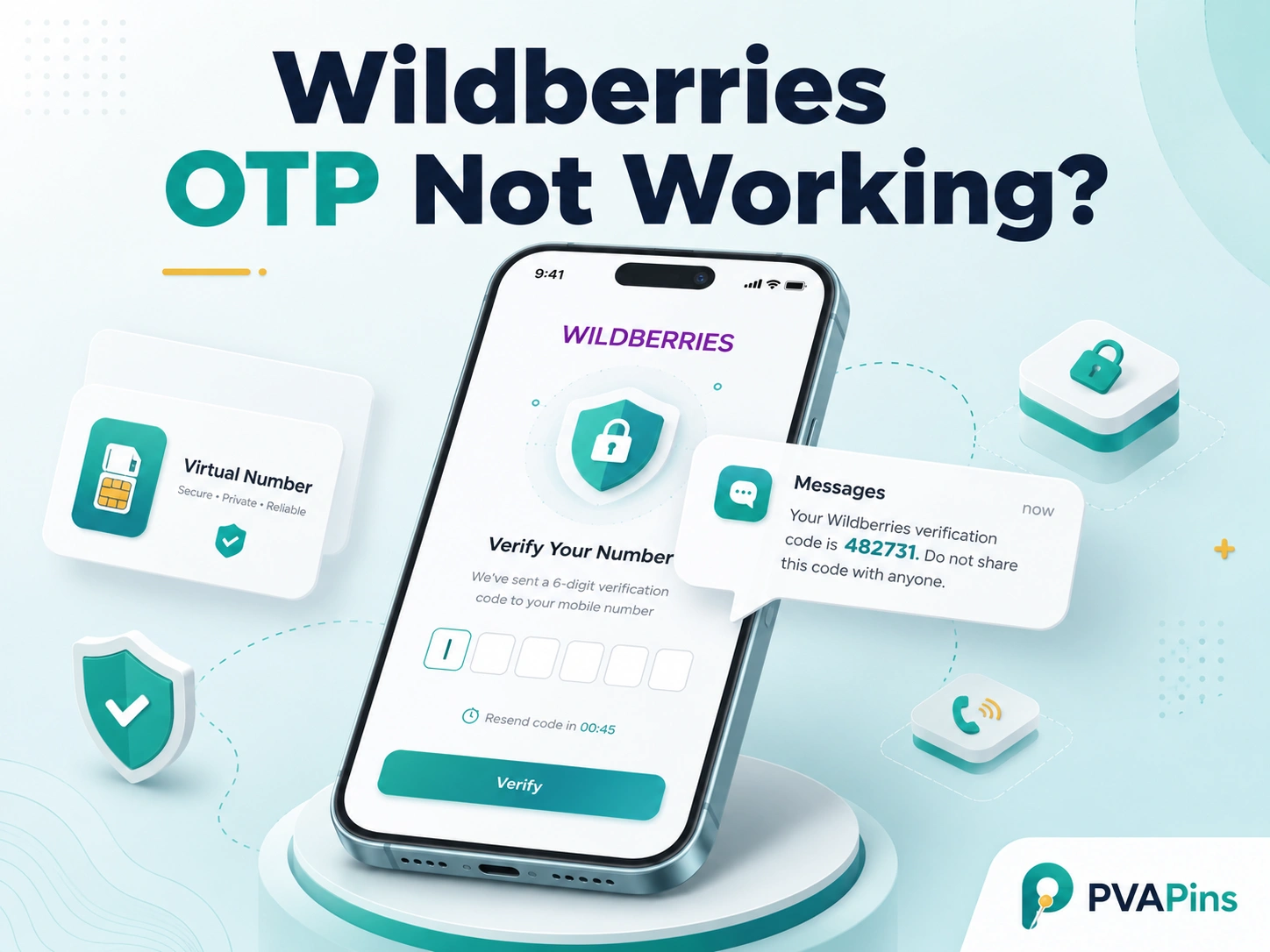 Smartphone showing a Wildberries verification screen with an incoming OTP code message.