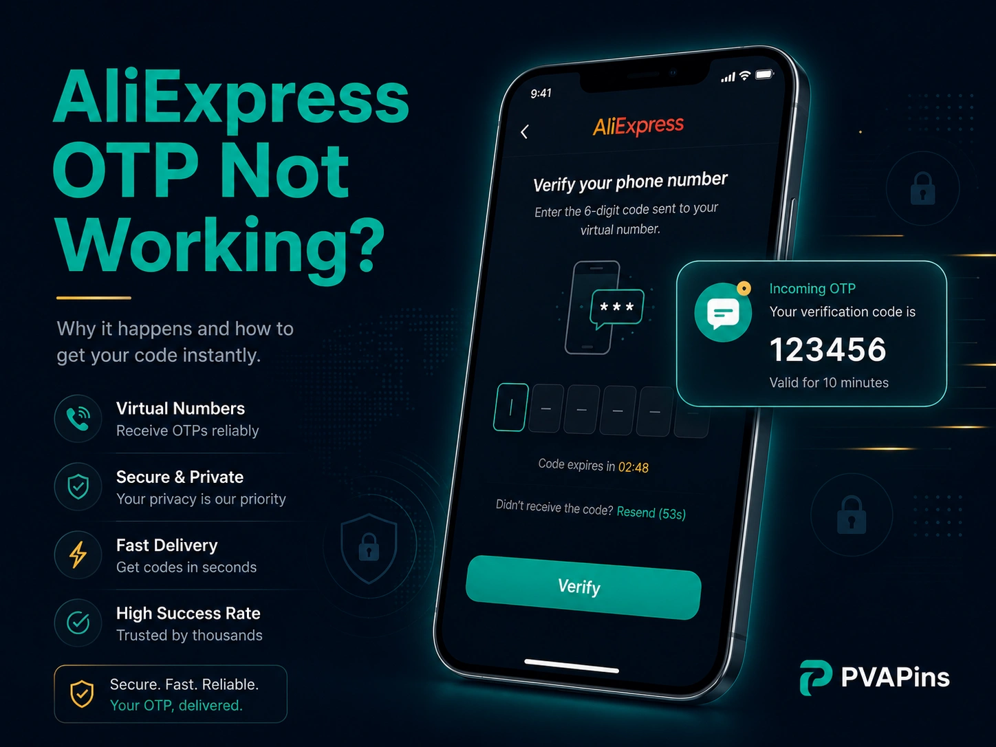 Smartphone showing an AliExpress verification code screen with an incoming OTP message for account login.