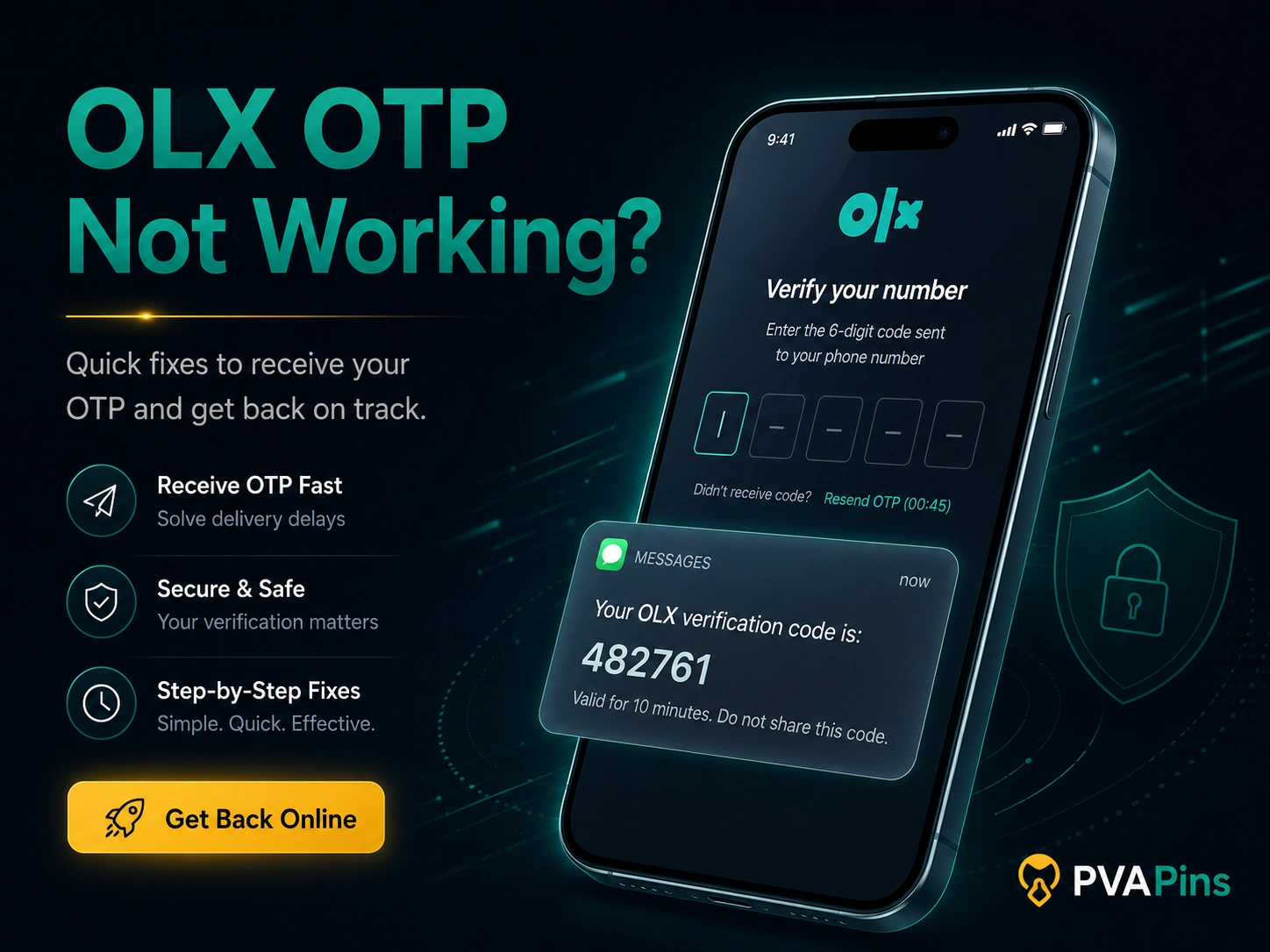 Smartphone showing an OLX OTP verification screen with a generic SMS code bubble and clean tech-style interface.