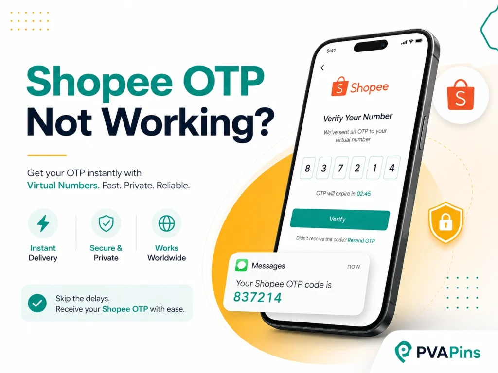 Tech-style Shopee OTP troubleshooting banner with mobile verification page, incoming code message, teal accents, and PVAPins logo.