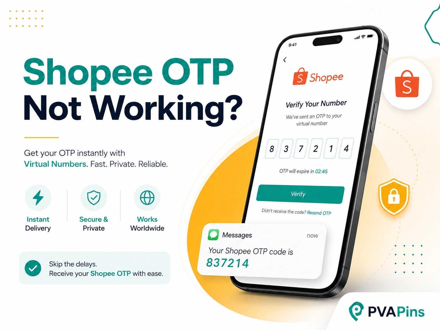 Tech-style Shopee OTP troubleshooting banner with mobile verification page, incoming code message, teal accents, and PVAPins logo.