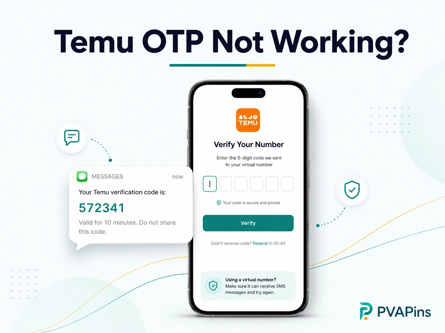 Temu OTP not working concept image with a smartphone, SMS code notification, and secure verification design