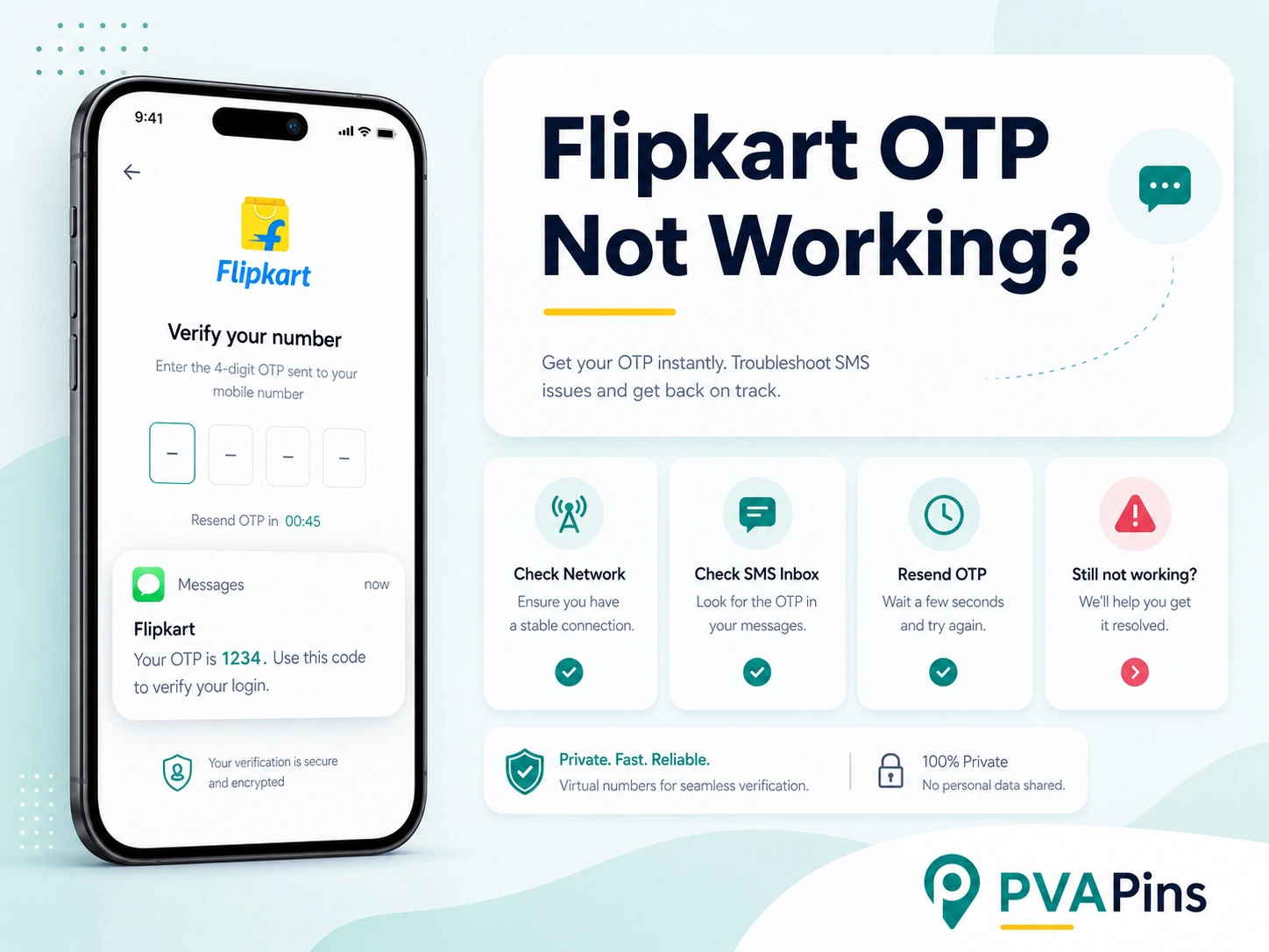 User checking phone for Flipkart verification code with clean digital background and SMS failure notification.