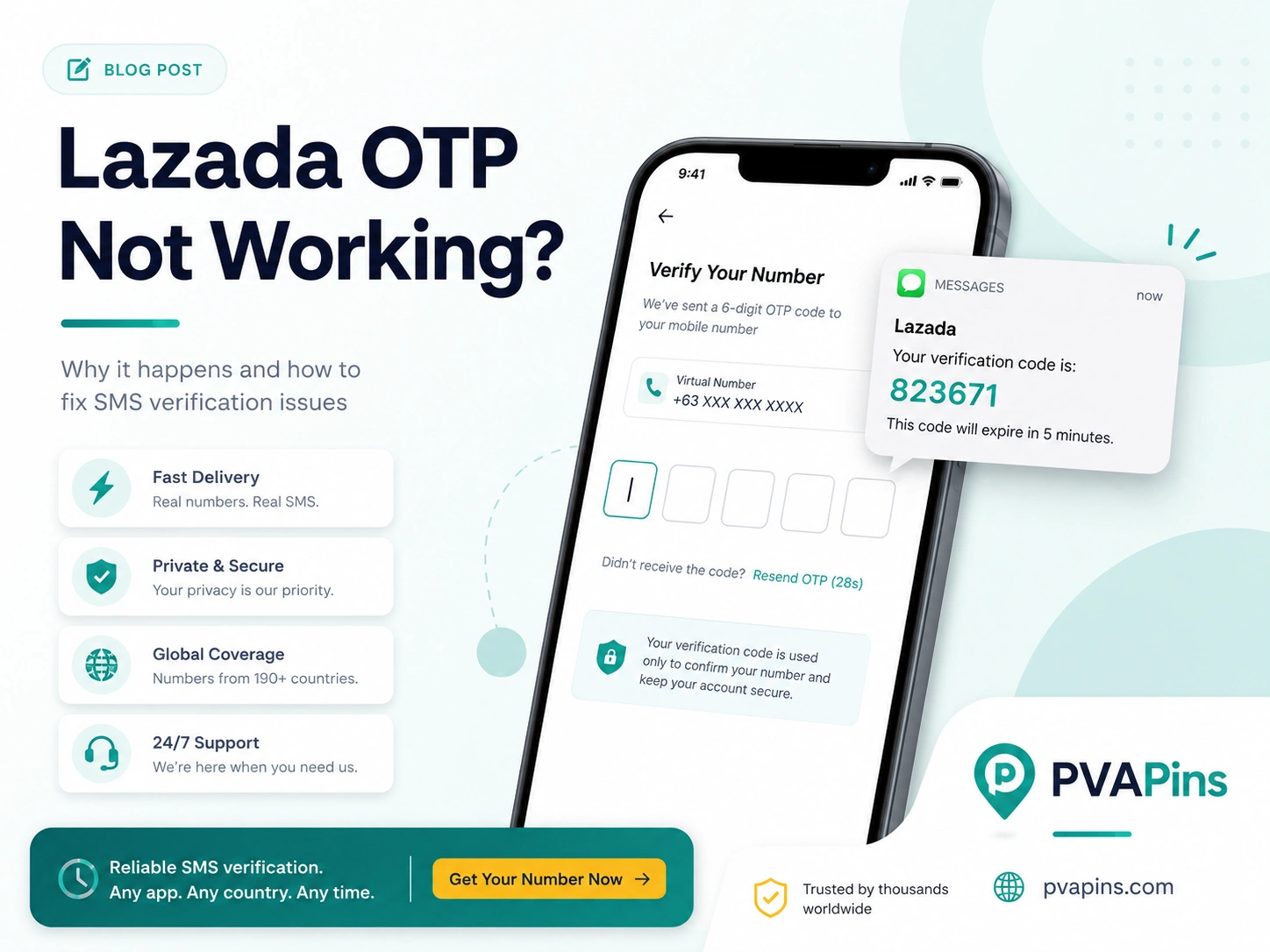 User fixing Lazada SMS verification issues on mobile phone with OTP code notification and secure login screen.