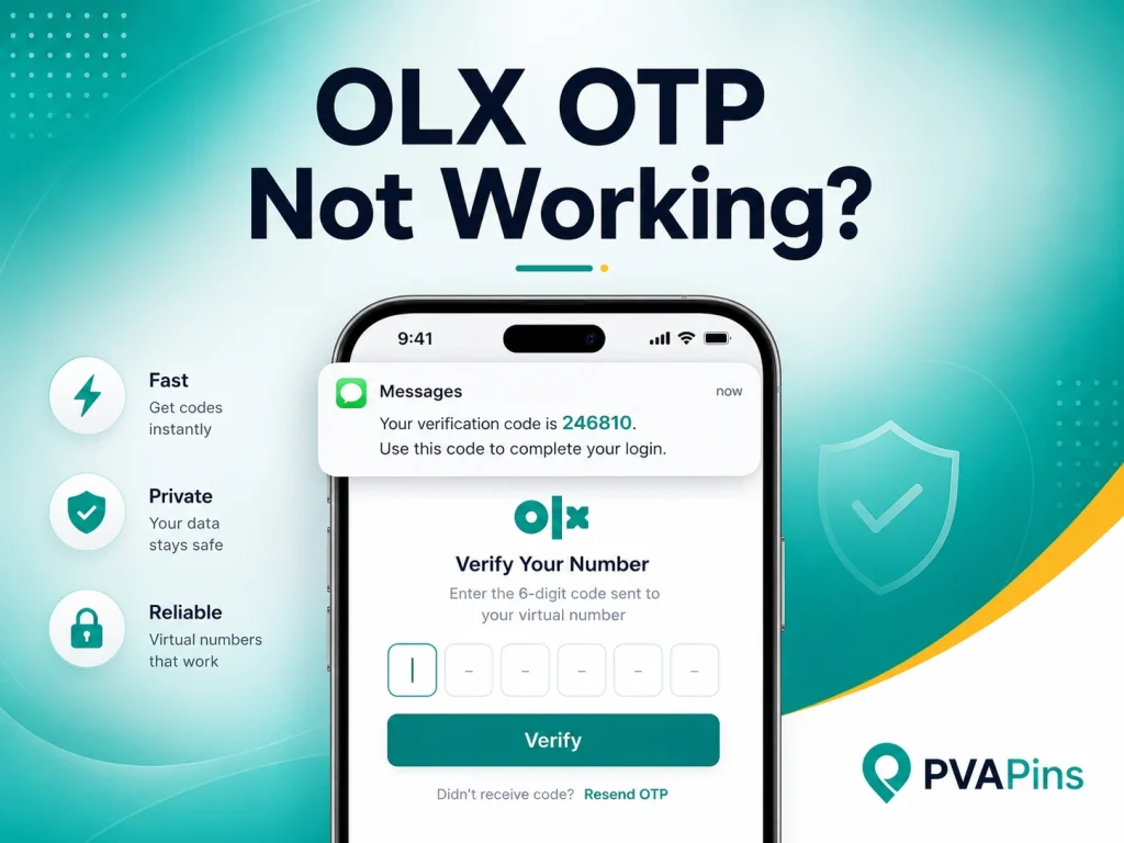 User receiving an OLX verification code on a smartphone with a secure, private, and professional OTP support theme.