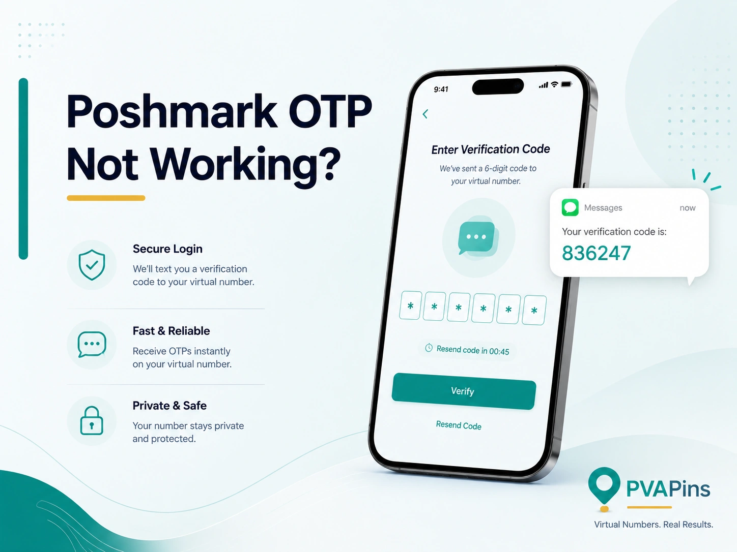 User troubleshooting Poshmark SMS verification issues on a mobile phone with an incoming OTP code bubble.