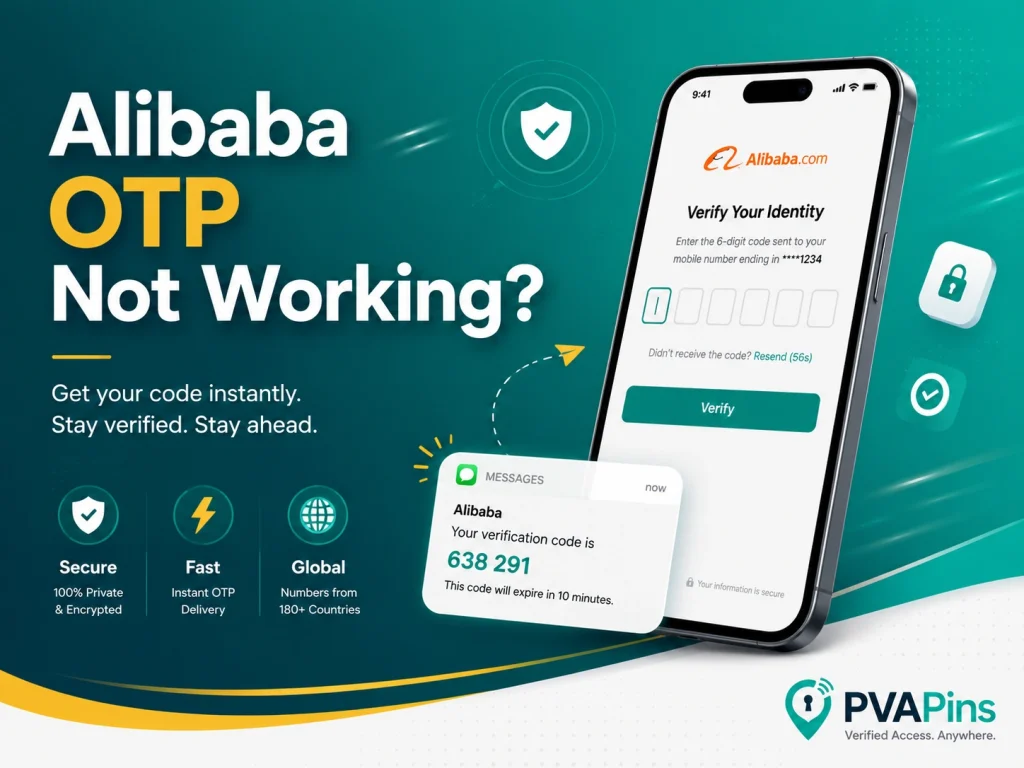 User waiting for an Alibaba verification code on a mobile phone with a clean tech-style background.