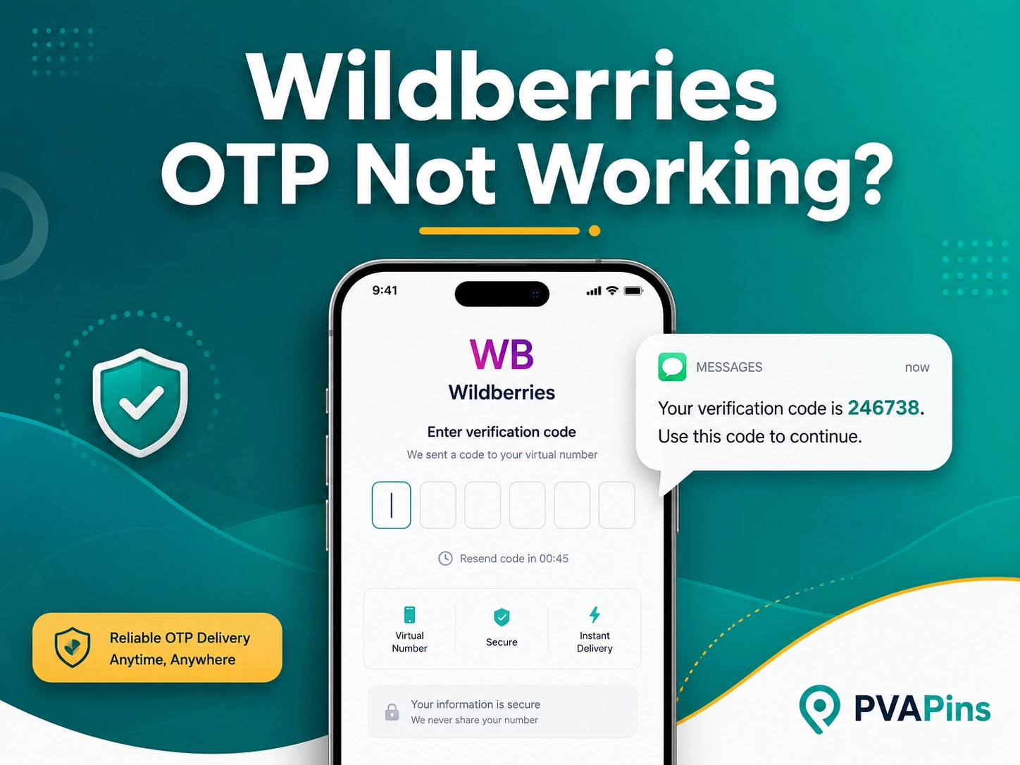 Wildberries OTP not working banner with phone login screen and SMS verification code bubble.