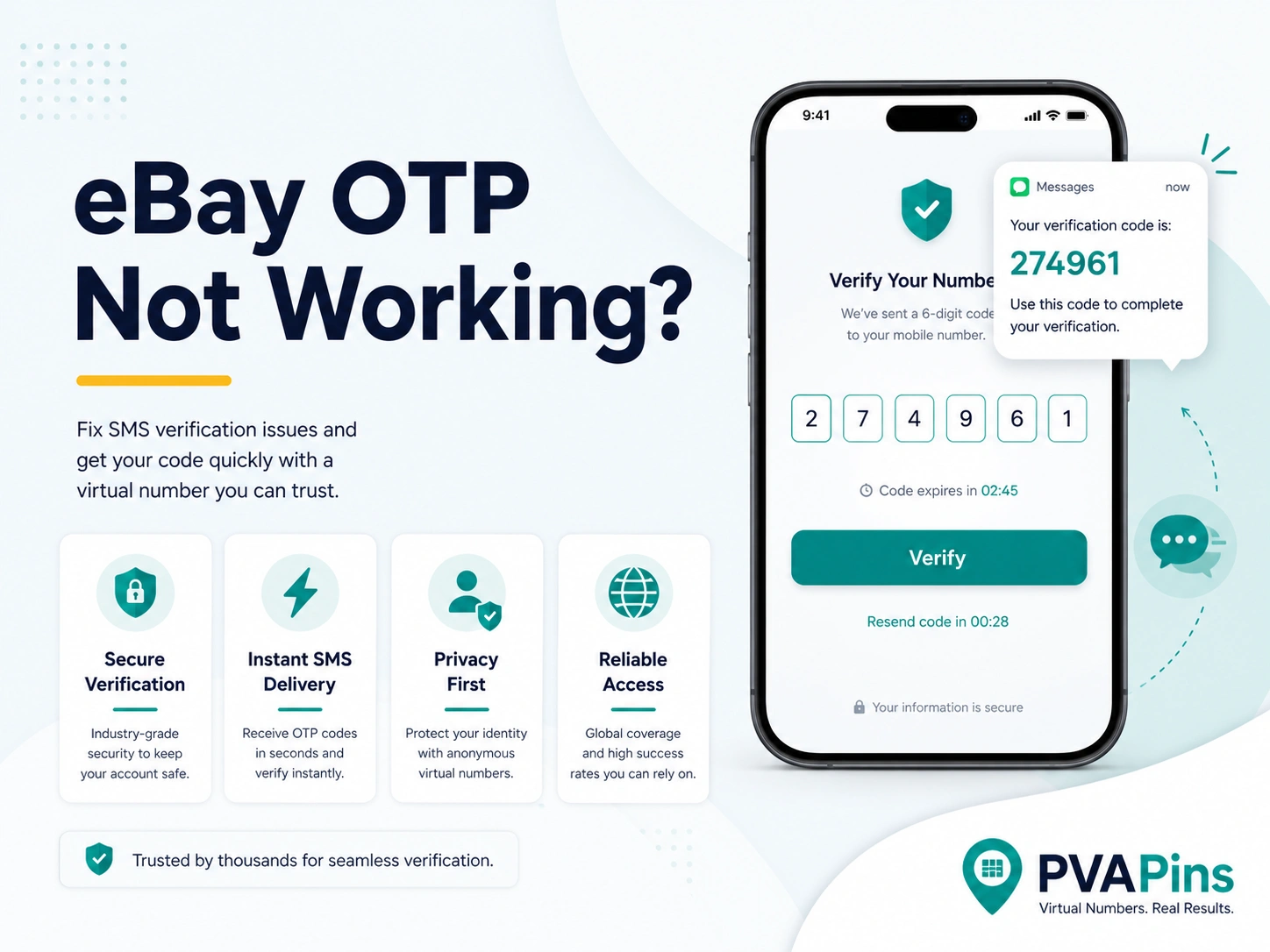 eBay OTP not working banner showing a smartphone verification screen, delayed SMS code bubble, and secure PVAPins backup solution branding.